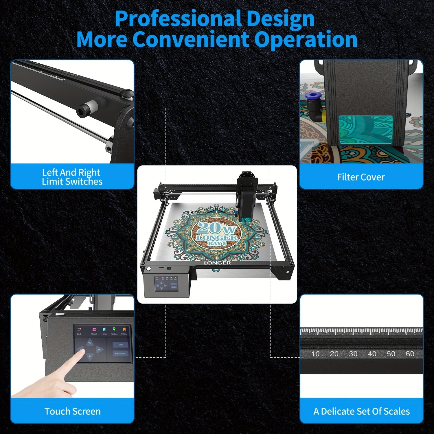 Longer RAY5 Laser Engraver 20000mW Output Power, 3.5" Touch Screen, APP Offline Control, DIY Engraver Tool for Metal, Glass, Wood, Engraving Area 15.75"x14.37"