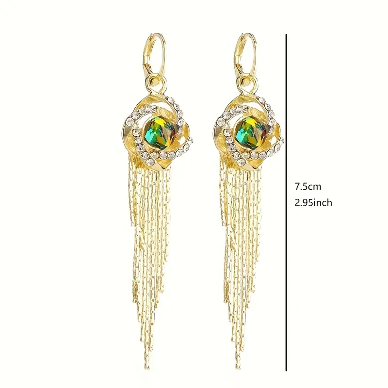 Elegant Golden Tassel Earrings with Sparkling Synthetic Zirconia Stones  Perfect for Parties, Everyday Fashion, and Gift-Giving