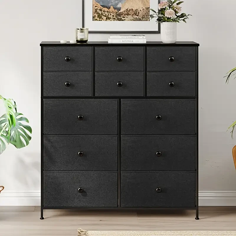 1pc Dressing Table with 12 Fabric Drawers  Large-Capacity Drawer Cabinet, Wooden Top, Steel Frame Storage Organizer for Bedroom, Closet, Hallway, and Living Room (Black)