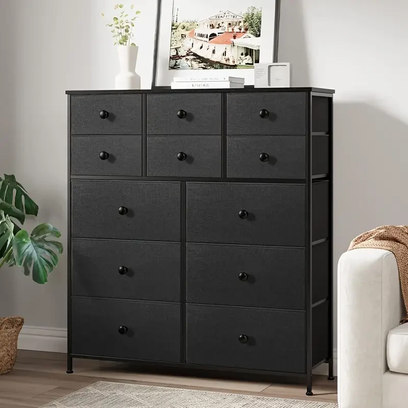 1pc Dressing Table with 12 Fabric Drawers  Large-Capacity Drawer Cabinet, Wooden Top, Steel Frame Storage Organizer for Bedroom, Closet, Hallway, and Living Room (Black)