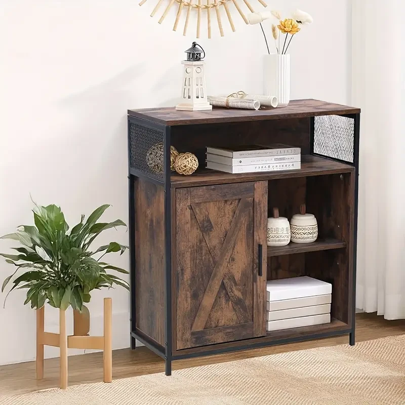 Industrial Sideboard Buffet Cabinet with Open Compartment and 5 Shelves  Rustic Brown Finish with Stable Metal Frame, Half-Door Design, Perfect for Living Room and Home Storage