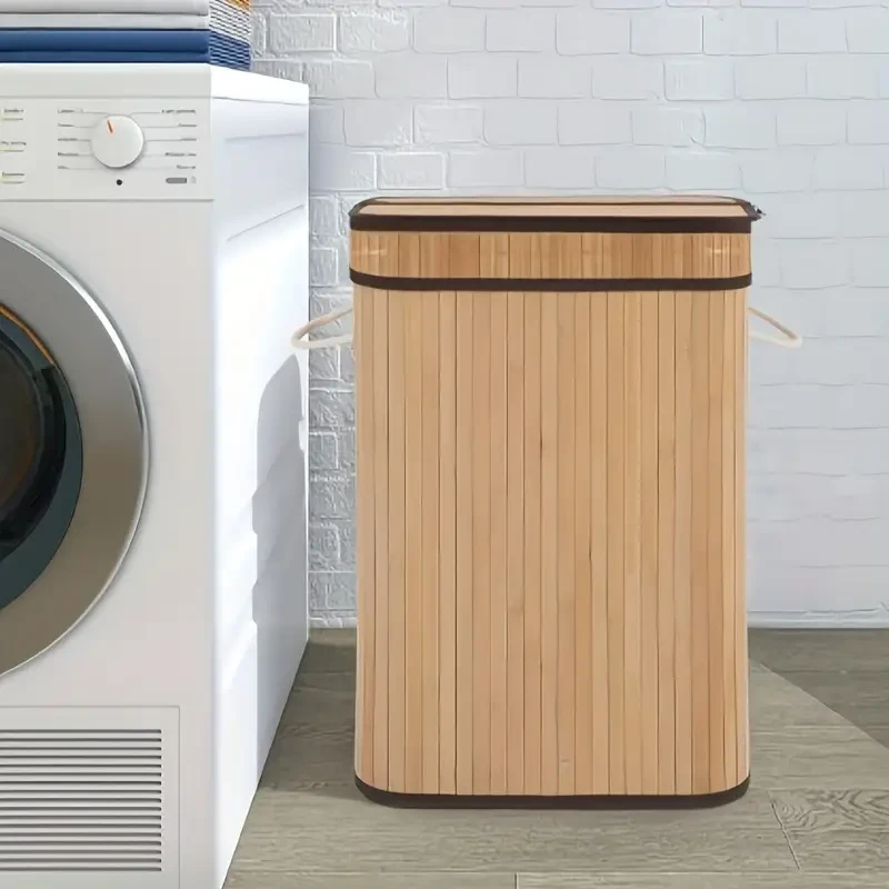 Natural Bamboo Laundry Hamper with Lid  72L Capacity, Foldable & Removable Lining, Sturdy Wooden Lid, Contemporary Rectangular Design for Laundry Room Organization
