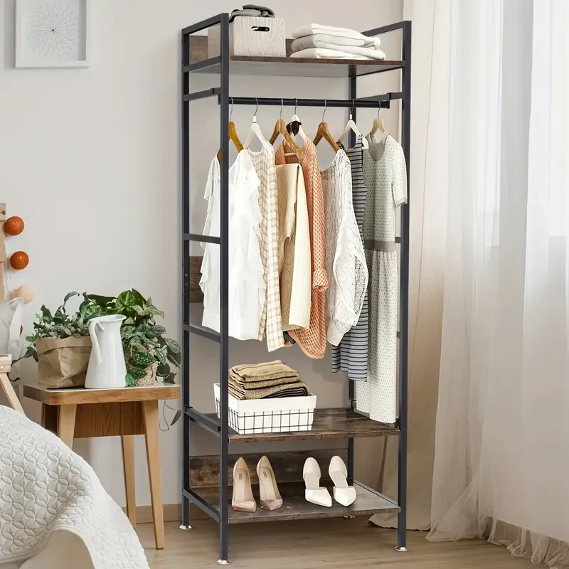 Heavy Duty Industrial Entryway Clothes Rail with Storage Shelves Free Standing Garment Shelf Organizer for Bedroom, Cloakroom, and Entryway