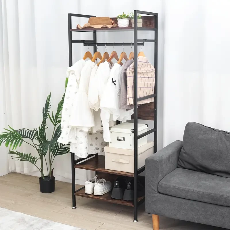 Heavy Duty Industrial Entryway Clothes Rail with Storage Shelves Free Standing Garment Shelf Organizer for Bedroom, Cloakroom, and Entryway