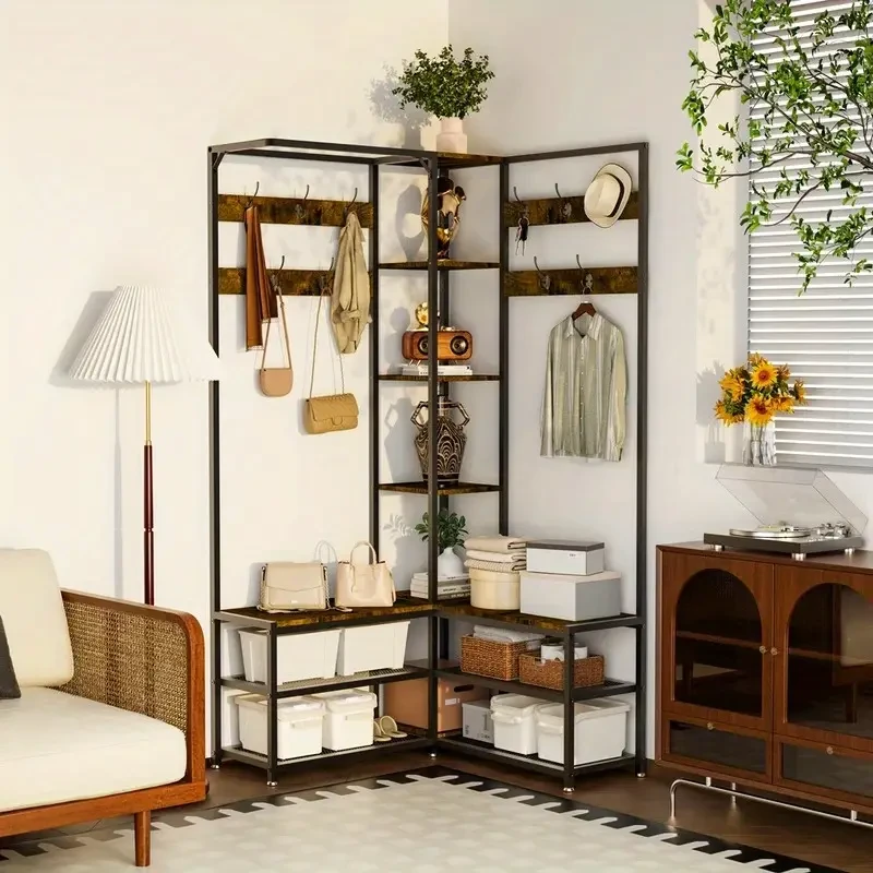 Heavy Duty Freestanding Corner Coat Rack with Shoe Bench & 10 Hooks Metal & Hardwood Construction, Rustic Brown & Black, Multi-Purpose Entryway Organizer for Hallways, Condos, and Apartments