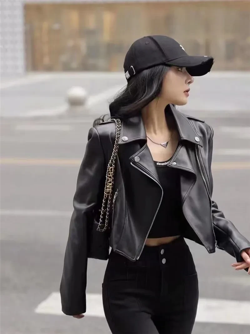 Fashion Black Jacket Lapel High Waist Zipper