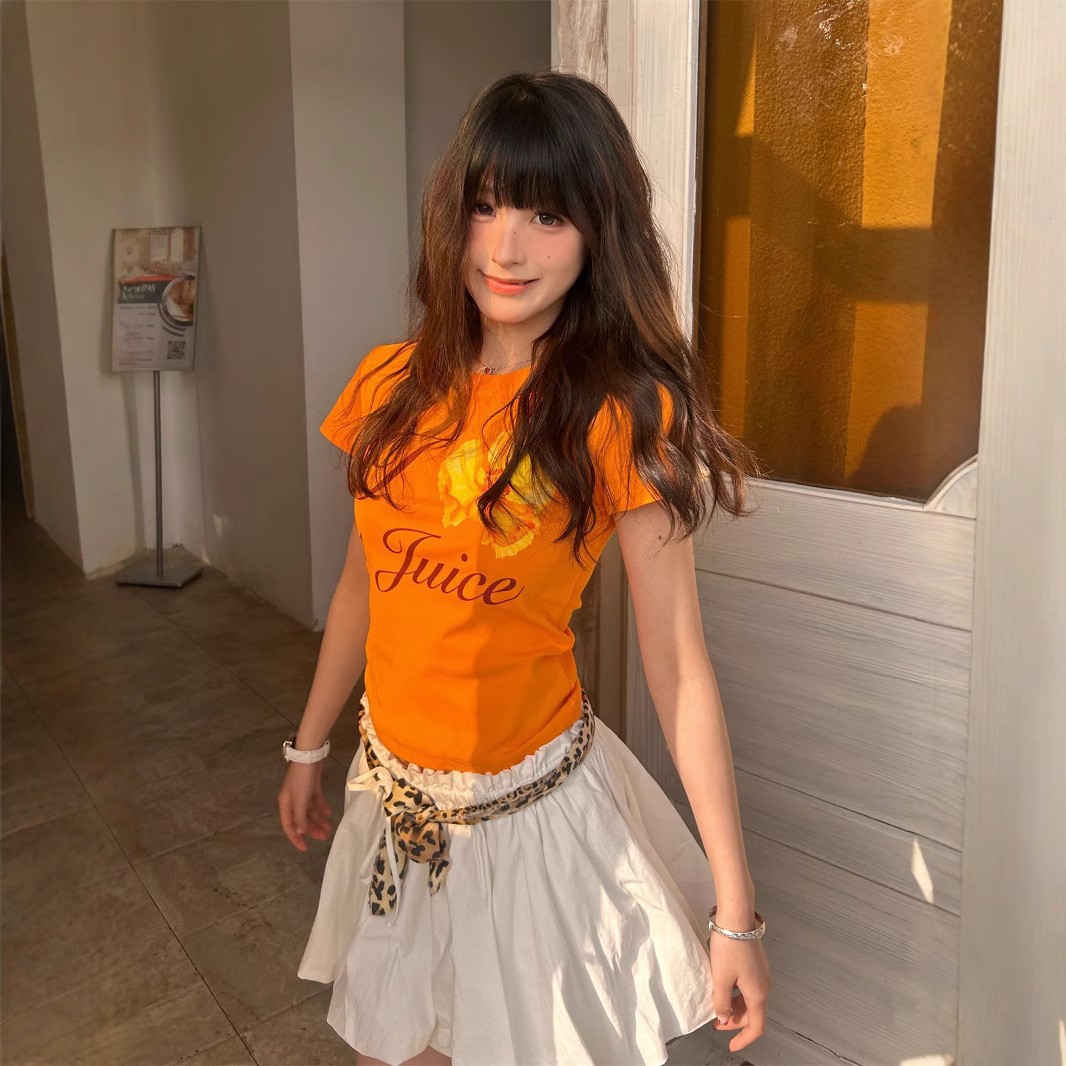 All-matching Summer Orange Printed Short Sleeve