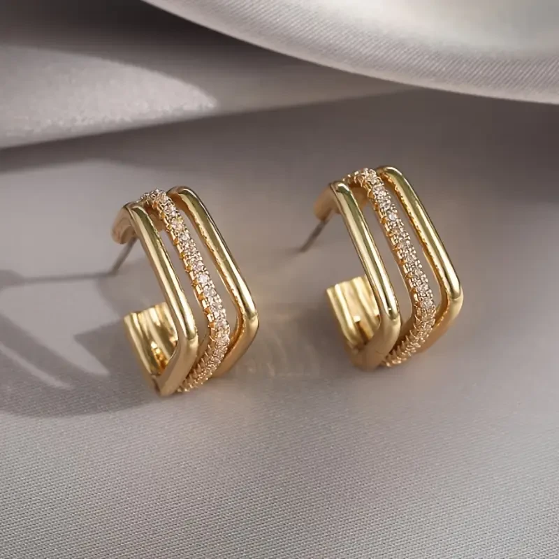 Luxurious Womens Golden Geometric Hoop Earrings with Sparkling Rhinestones  Vintage Bohemian Style, Stainless Steel Posts, Perfect Gift for Special Occasions, Novelty Earrings