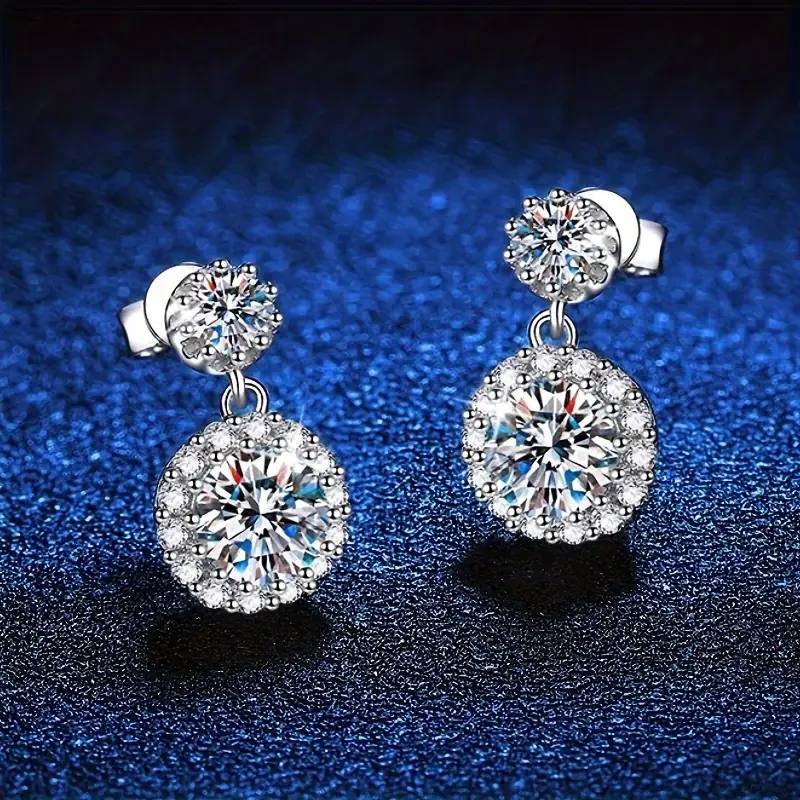 PYQ Elegant 1ct Moissanite Dangle Earrings  VVS D Color, 925 Sterling Silver with 18K White Gold Plating, Perfect for Daily Wear & Gifting