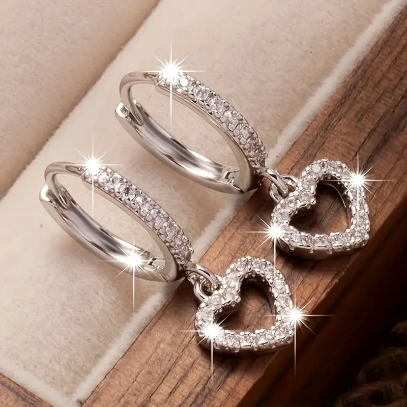 18K Golden Plated Copper Hoop Earrings with Heart Drop Pendant  Synthetic 3A Zirconia, Simple Sexy Style, Ideal for Daily Wear & Gift-Giving