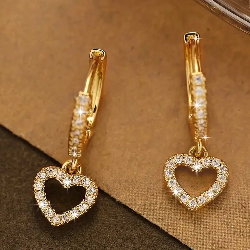 18K Golden Plated Copper Hoop Earrings with Heart Drop Pendant  Synthetic 3A Zirconia, Simple Sexy Style, Ideal for Daily Wear & Gift-Giving