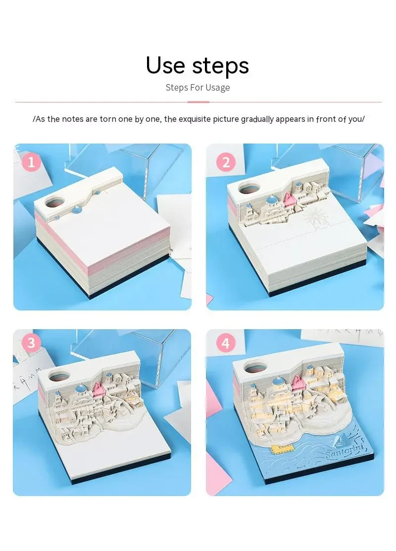 Romantic Santorini 3d Notepad Paper Carving Building Model Lighting Decoration