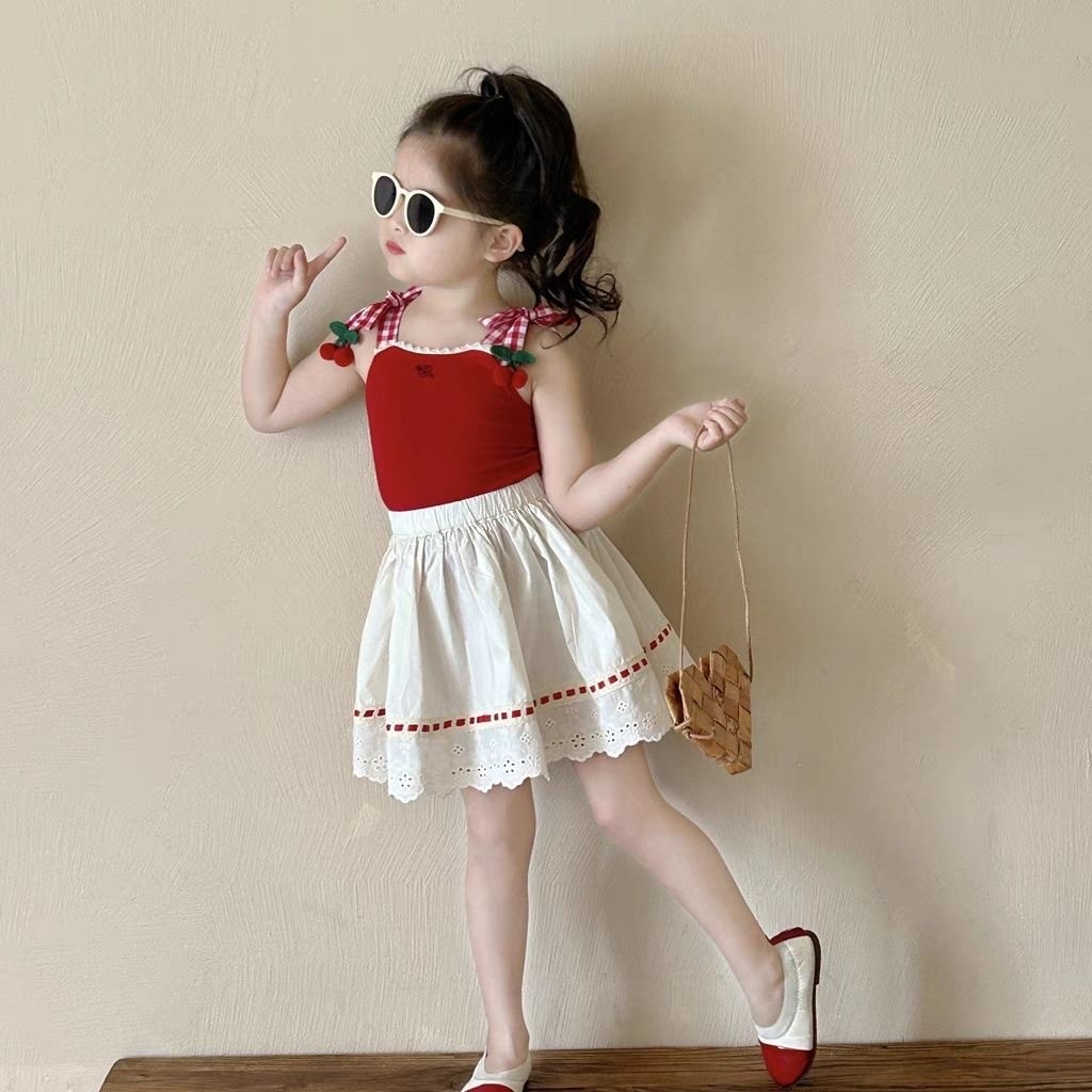 Girl's Strap Skirt Lace Two-piece Overskirt Suit