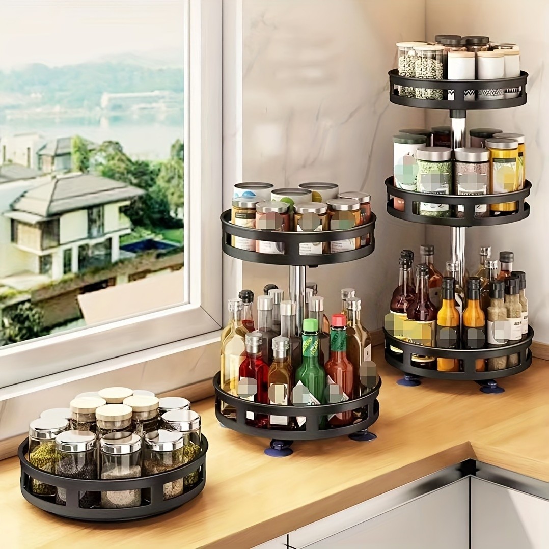 Multifunctional Rotating Storage Rack with Adjustable Height and Spray Paint Finish Ideal for Kitchen, Bathroom, and Countertop Organization for Restaurants
