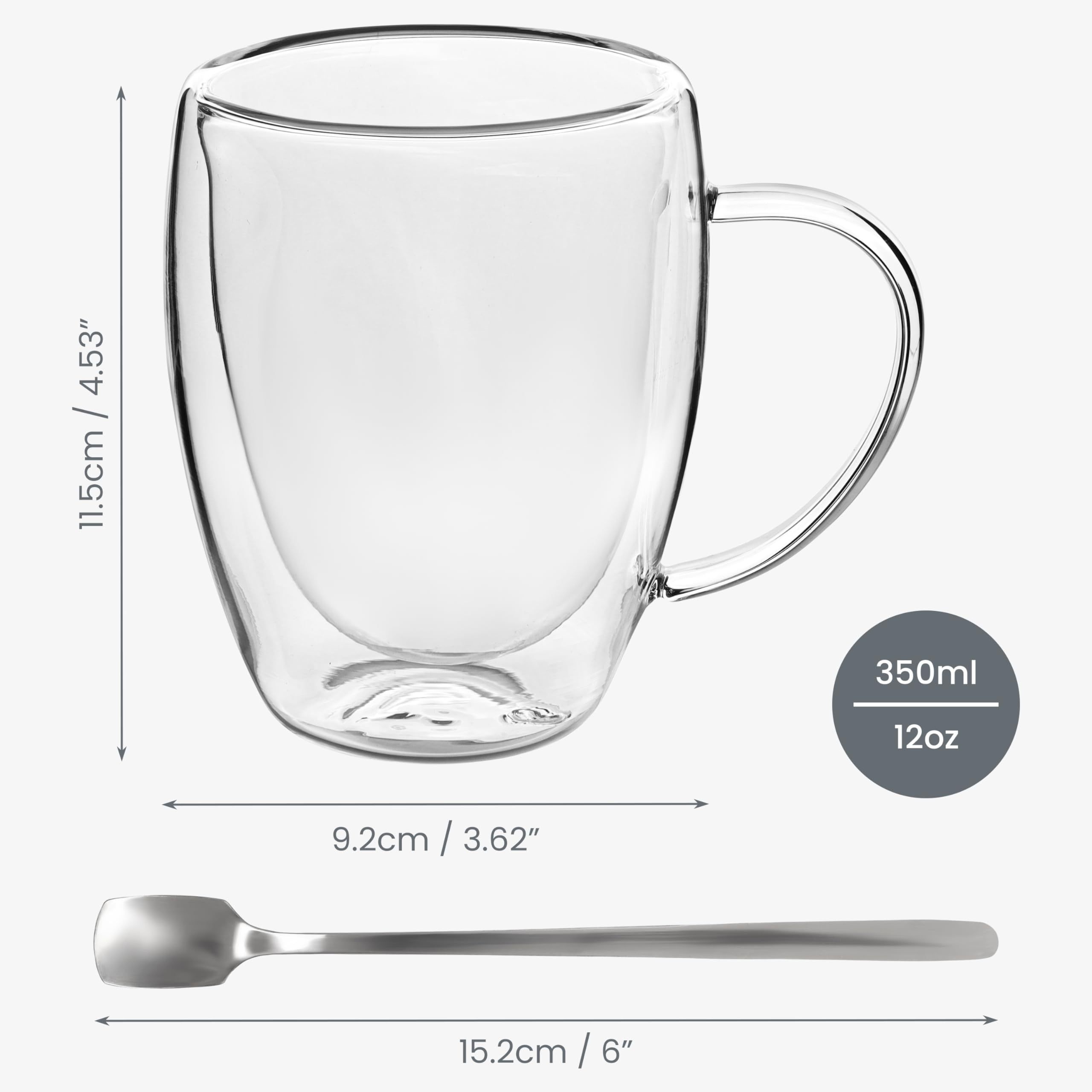 6pcs Double Walled Glass Cups with Spoons  Clear Espresso Coffee Tea Mugs, Insulated Heat-Resistant Beverage Cups, 350ml/12oz, Perfect for Coffee, Tea, Cappuccino & Lattes, Drinkware for Restaurants and Cafes