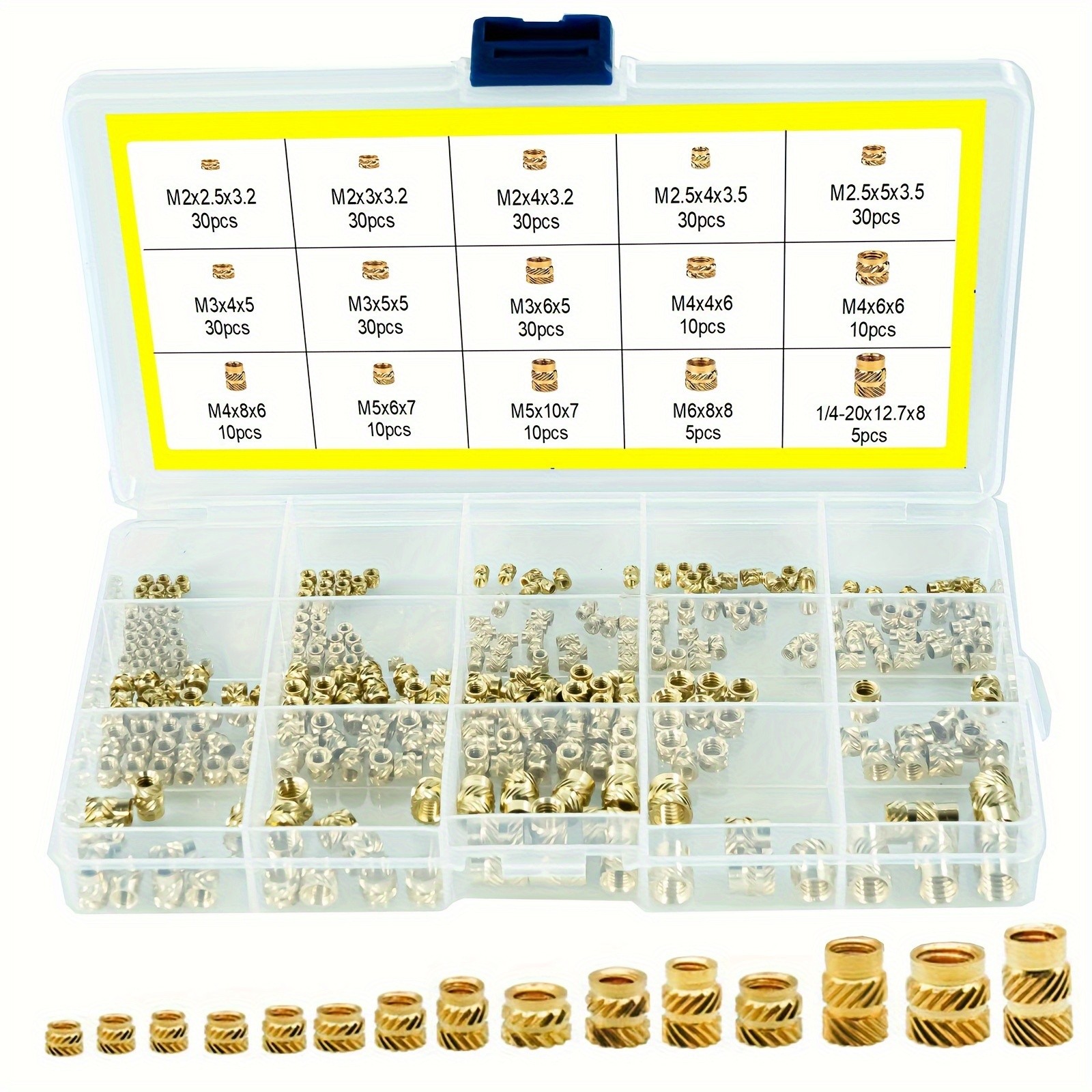 300pcs Brass Threaded Inserts for 3D Printer Parts  Heat Set Screw Inserts, Knurled Thread Embedment Nuts, Multisize Assortment Kit for Plastic Cylinder Shapes, Uncharged - Without Battery