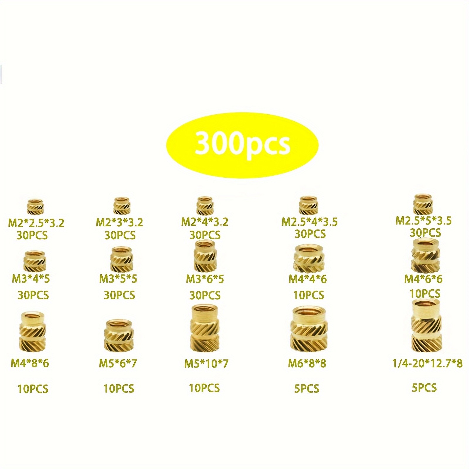 300pcs Brass Threaded Inserts for 3D Printer Parts  Heat Set Screw Inserts, Knurled Thread Embedment Nuts, Multisize Assortment Kit for Plastic Cylinder Shapes, Uncharged - Without Battery