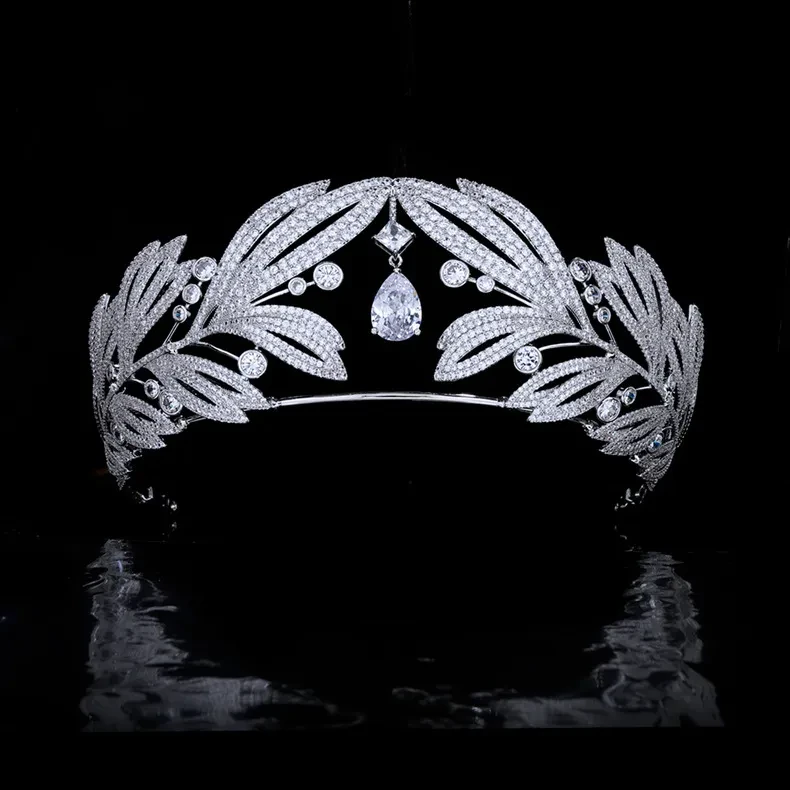Royal Vintage Laurel Leaf Big Crown Bridal Zircon Crown