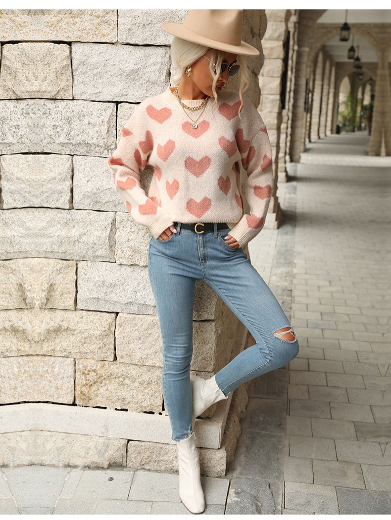 Fashion Love Print Knitting Sweater Casual Pullover Long-sleeved Top Womens Clothing