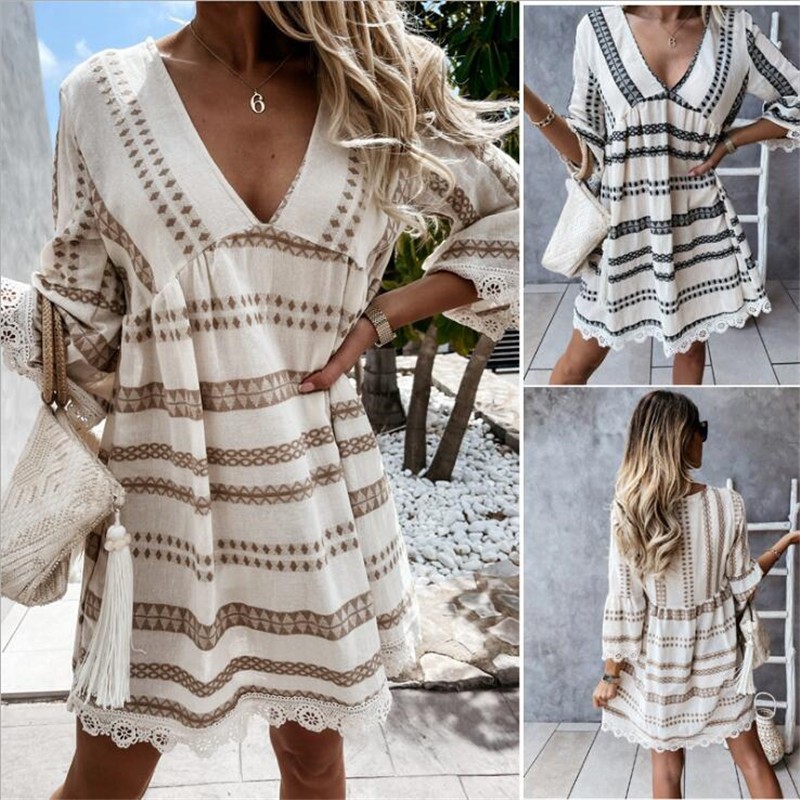 Long Sleeve Loose Stitching V-neck Dress