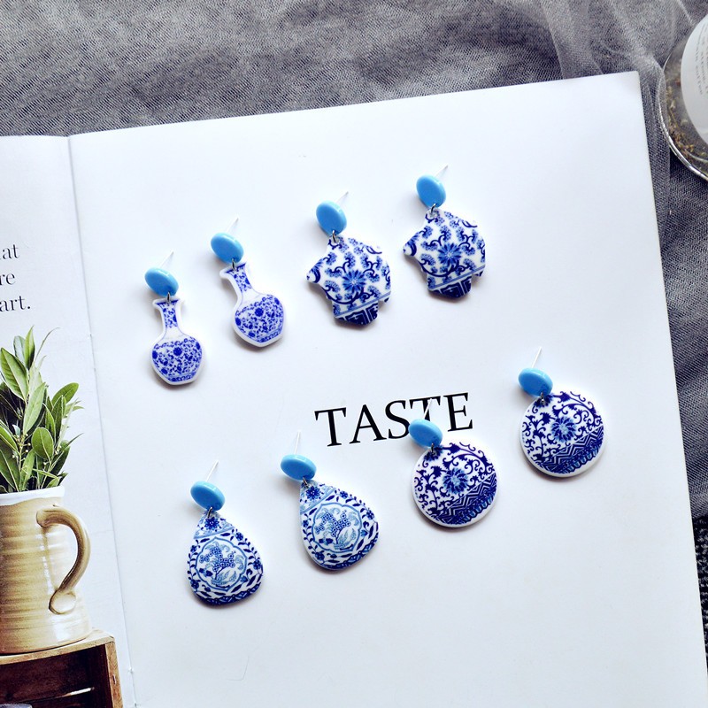 Geometric Blue And White Porcelain Series Chinese Style Acrylic Earrings