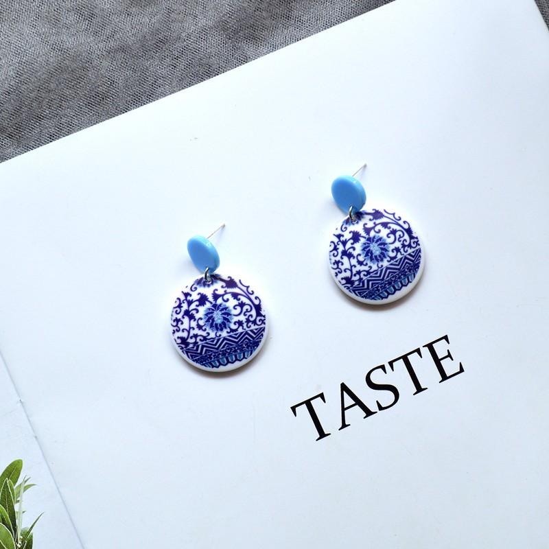 Geometric Blue And White Porcelain Series Chinese Style Acrylic Earrings