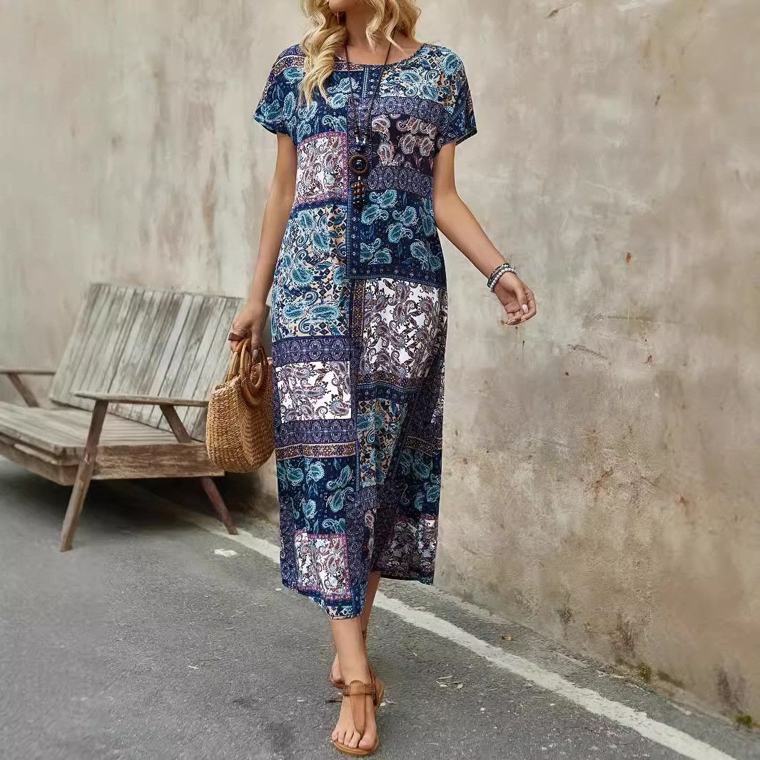 Long Printed Short Sleeve Round Neck Dress