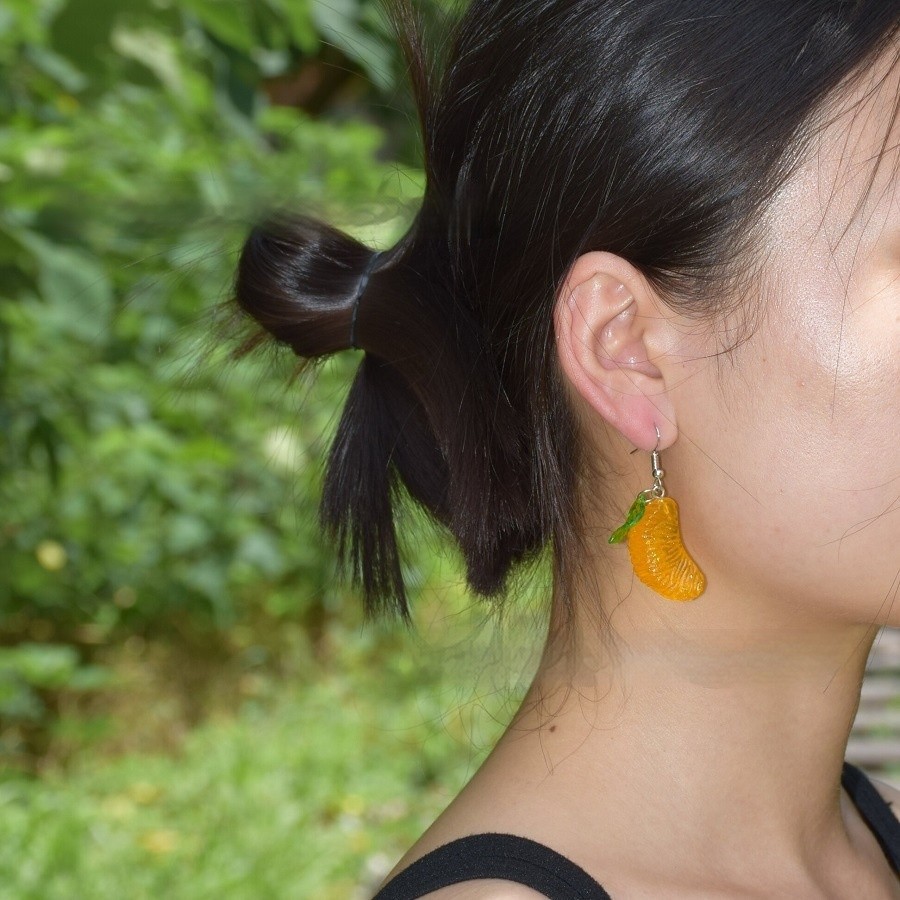 Green Leaf Rhubarb Pomelo Handmade Orange Earrings