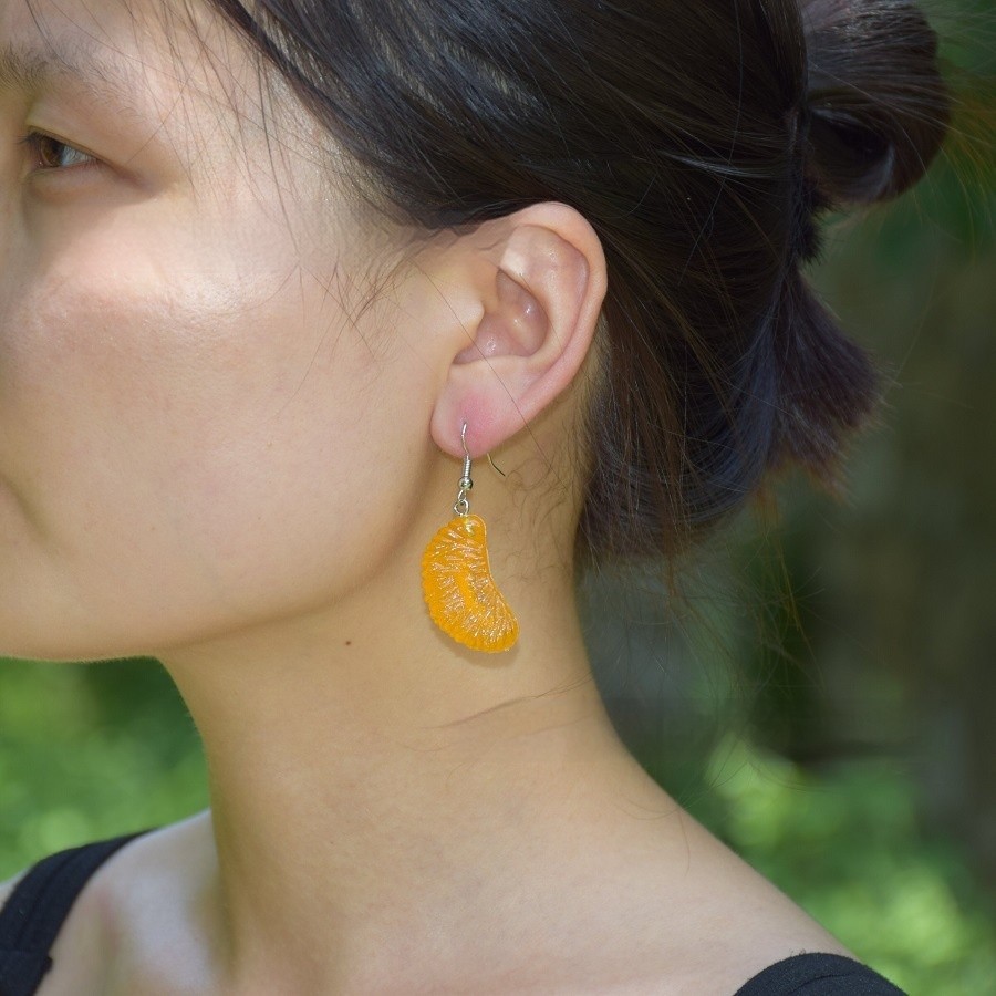 Green Leaf Rhubarb Pomelo Handmade Orange Earrings