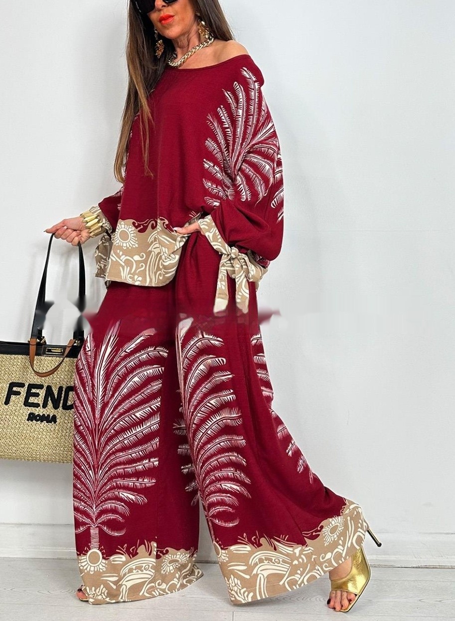 Vintage Floral Print Long Sleeves Top Wide Leg Pants Suit