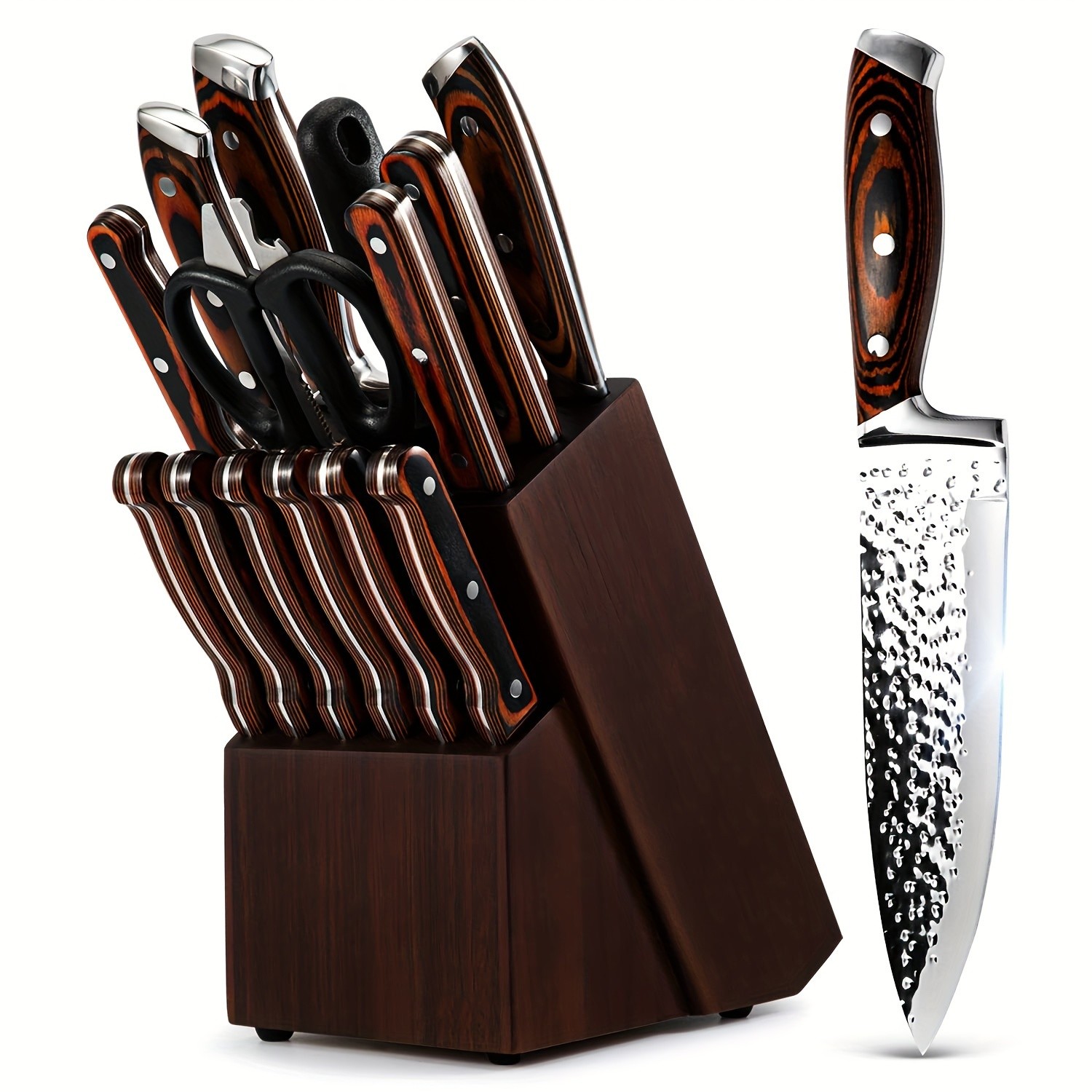 15-Piece Kitchen Knife Set with Wooden Block Self-Sharpening Chef Knife Set, High Carbon Japanese Stainless Steel, Hammered Collection, Includes Steak Knives, Boxed Knife Set