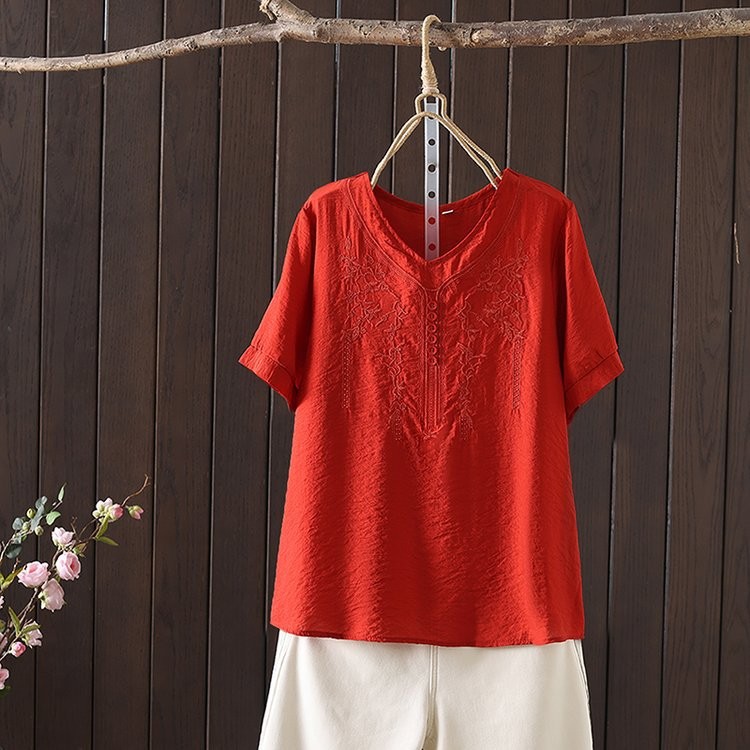 Women's T-shirt Cotton And Linen Embroidery Loose Fashion