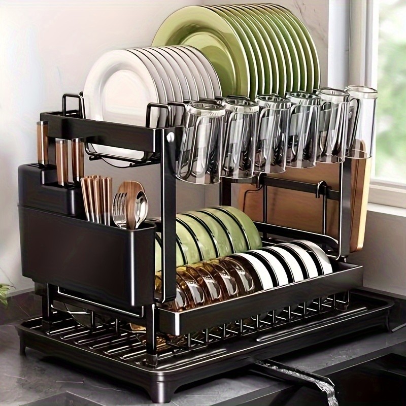 2-Tier Dish Rack with Utensil Holder  Rustproof Kitchen Dish Drying Rack with Drainboard for Kitchen Countertop
