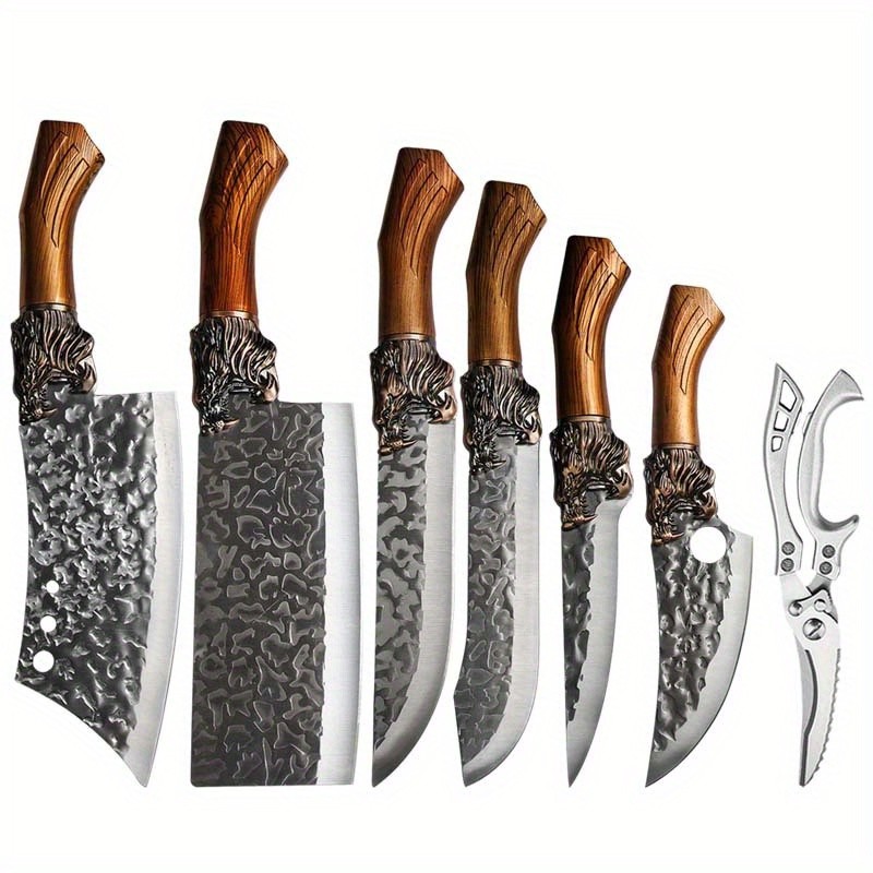 7-Piece Handmade Forged Knife Professional Kitchen Chef Knife Set  Stainless Steel Chef Knife, Utility Knife, Boning Knife, Cutting Knife, Fish Knife, Butcher Knife, Kitchen Scissors