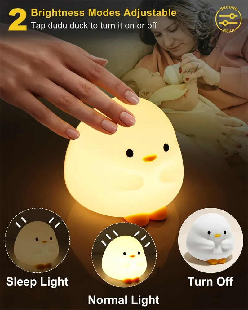 Cute Duck LED Night Lamp Cartoon Silicone USB Rechargeable Sleeping Light Touch Sensor Timing Bedroom Bedside Lamp For Kid Gift Home Decor