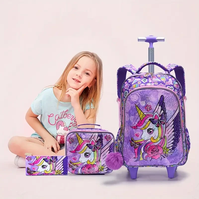 3pcs set Rolling Backpack for Girls Kids Wheeled School BookBag