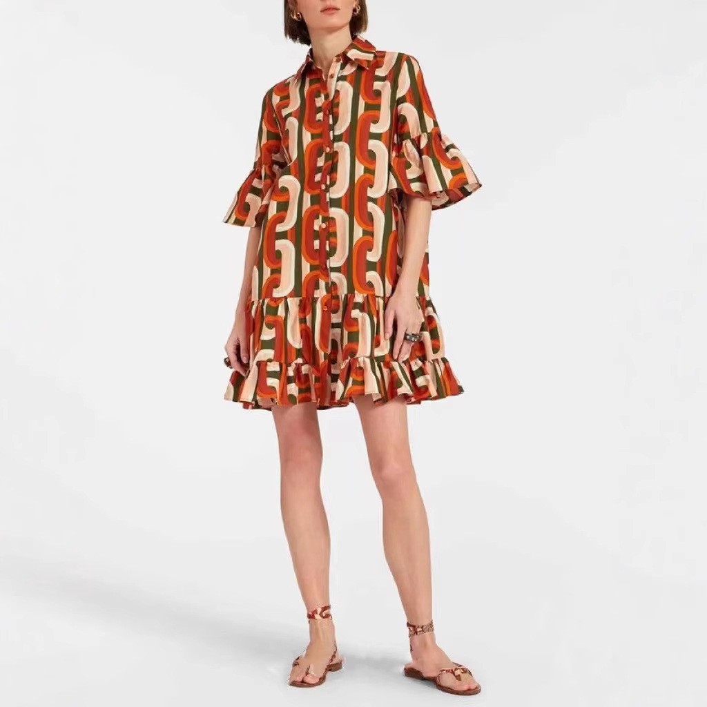 Women's Wear Bell Sleeve Printed Loose Casual Dress