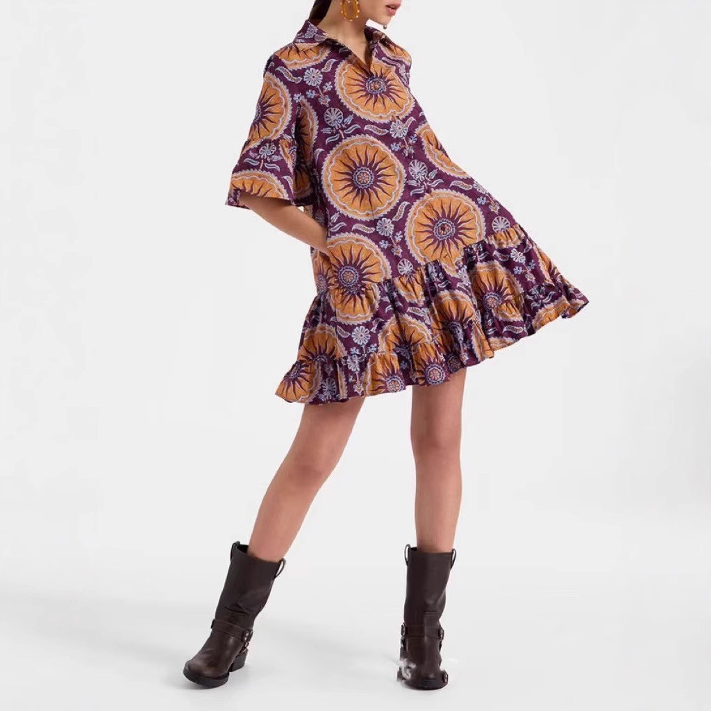 Women's Wear Bell Sleeve Printed Loose Casual Dress