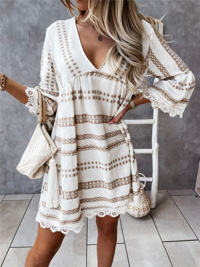 Long Sleeve Loose Stitching V-neck Dress