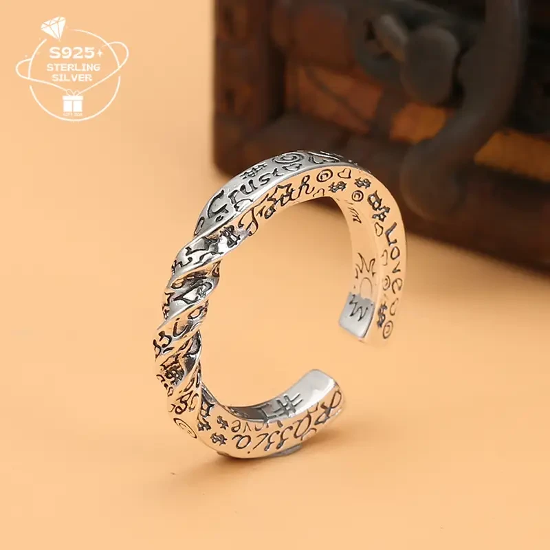 925 Silver Vintage Adjustable Ring with Engraved Happy Face Design  Perfect for Daily Wear & Holiday Gift