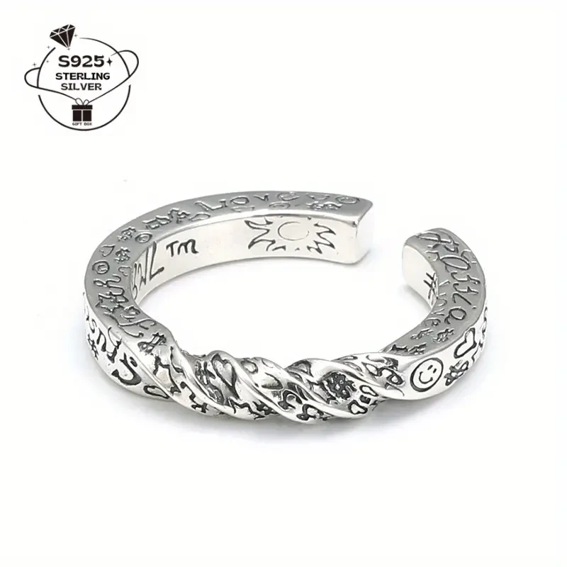 925 Silver Vintage Adjustable Ring with Engraved Happy Face Design  Perfect for Daily Wear & Holiday Gift