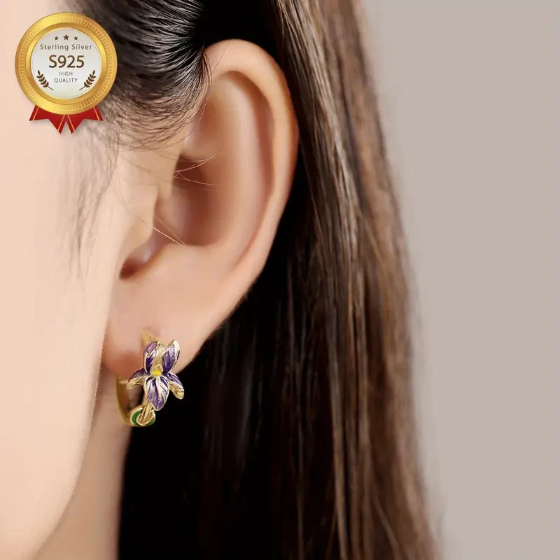 1 Pair S925 Sterling Silver 18K Golden Plated Allergy-Proof Hoop Iris Flower Earrings