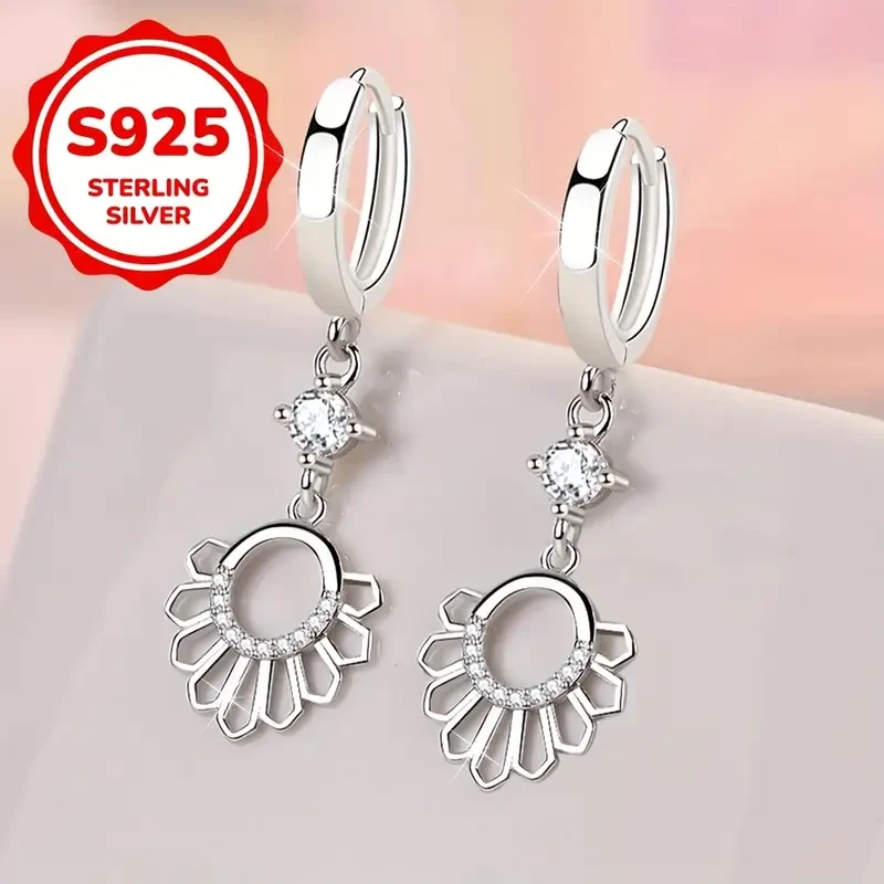 2pcs 925 Sterling Silvery Geometric Hollow Sunlight Ray Earrings  Fashionable Everyday Party Matching, Exquisite Gift