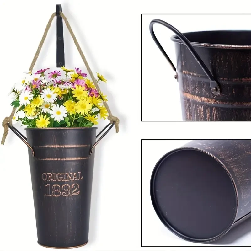 Set Of 2 Farmhouse Metal Wall Planter With Hooks