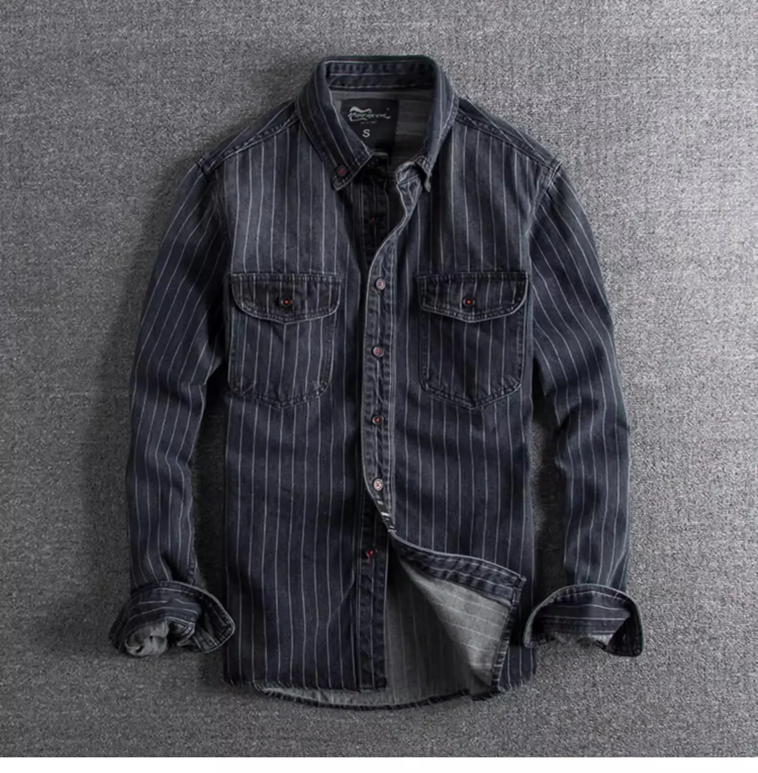 Denim Shirt Retro Heavy Distressed Thick Striped Long Sleeve Coat
