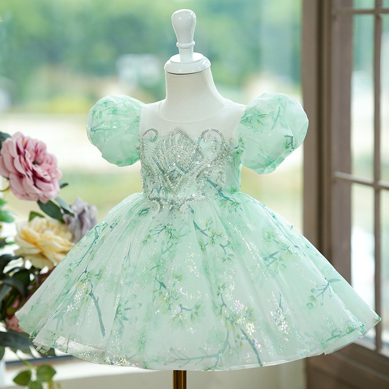 Mint Green One-year-old Puff Sleeve Fluffy Gauze Princess Dress