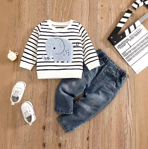 Children's Baby Suit Embroidered Striped Long-sleeved Jeans Suit