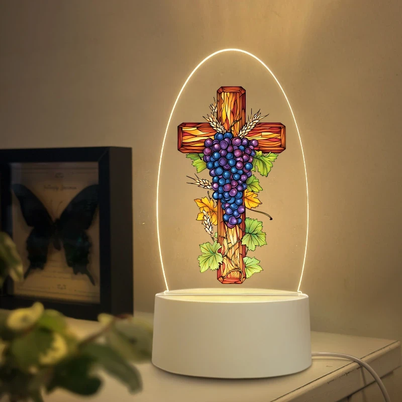 1pc Cross with Grapes and Wheat Christian Themed Home Decoration Night Light  USB-Powered Stained Glass Style Night Light for Prayer, Meditation, and Family Worship