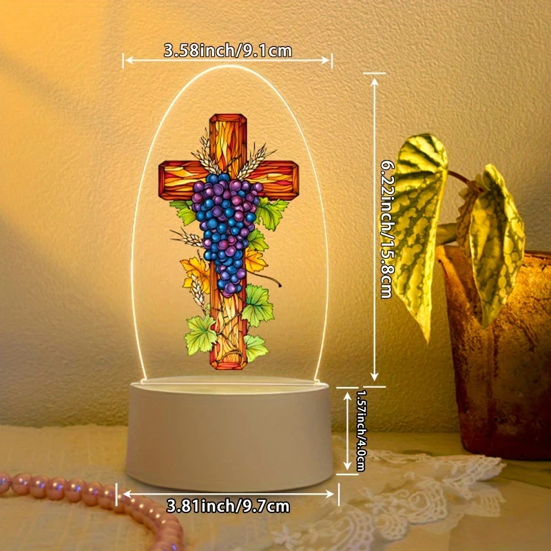 1pc Cross with Grapes and Wheat Christian Themed Home Decoration Night Light  USB-Powered Stained Glass Style Night Light for Prayer, Meditation, and Family Worship