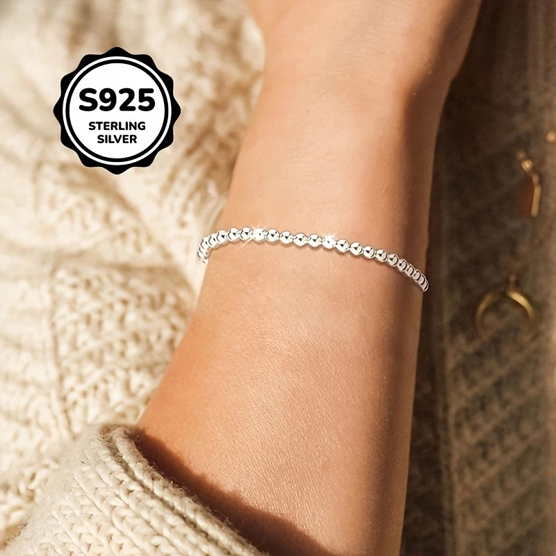 1pc Fashionable 925 Sterling Silver Bead Ball Bracelet for Women  Perfect Couples Gift